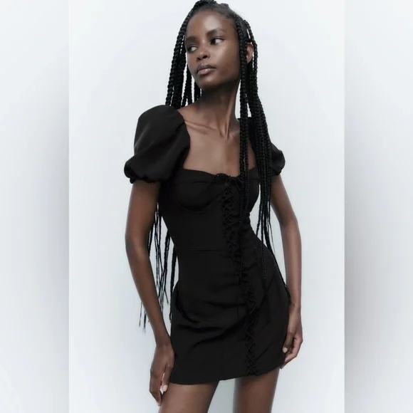 New Zara Puff Sleeve Dress Black - Picture 11 of 12